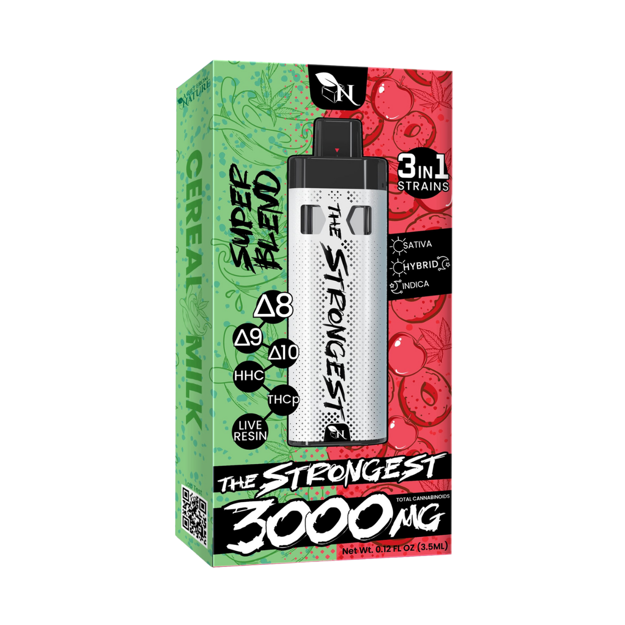 The Strongest 3000 MG" vape in Cereal Apple Jax flavor by A Gift From Nature. Features Δ8, Δ9, Δ10, HHC, THCp, live resin, and 3 strain types
