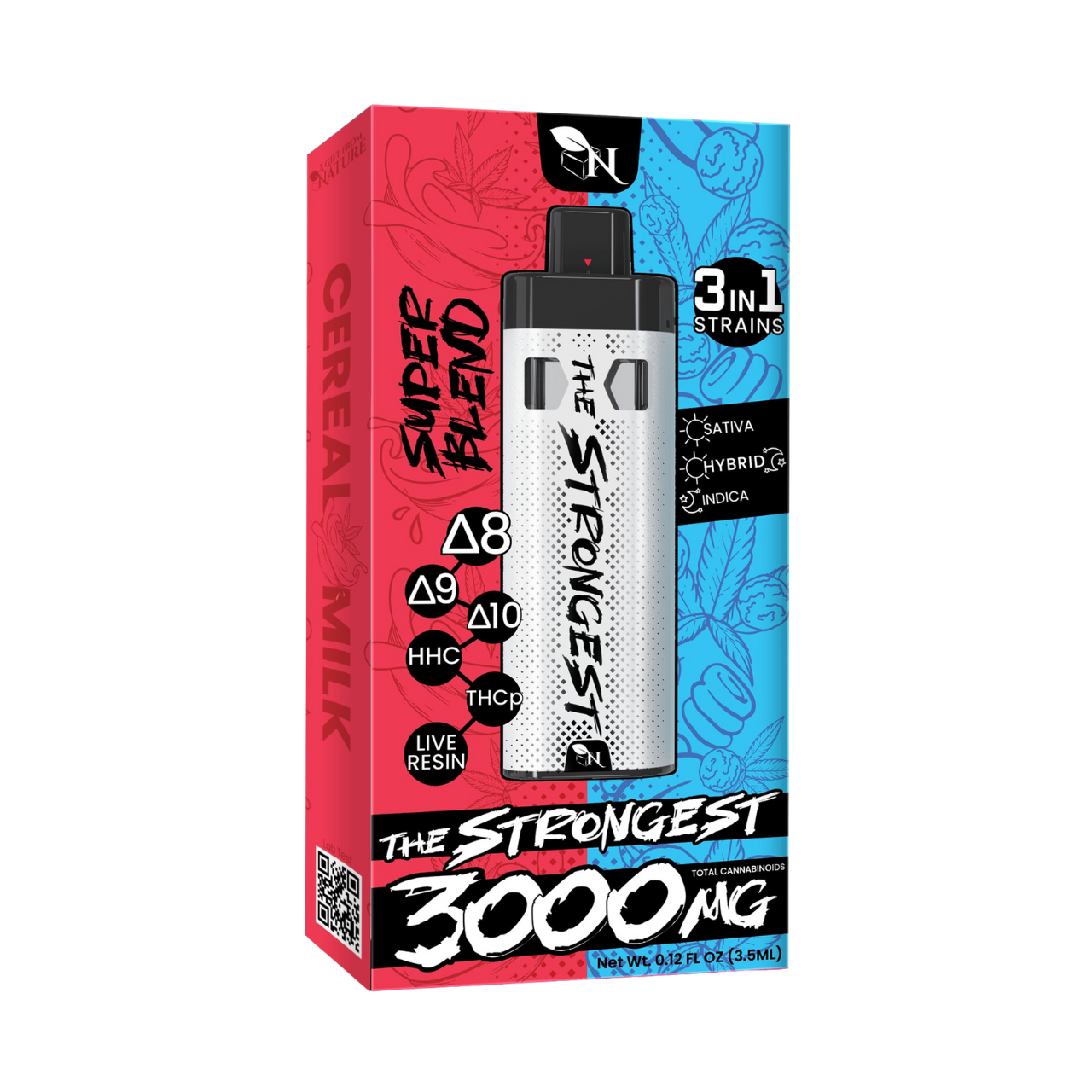 The Strongest 3000 MG" vape by A Gift From Nature in Cereal Milk flavor. Features Δ8, Δ9, Δ10, HHC, THCp, live resin, and 3 strain types