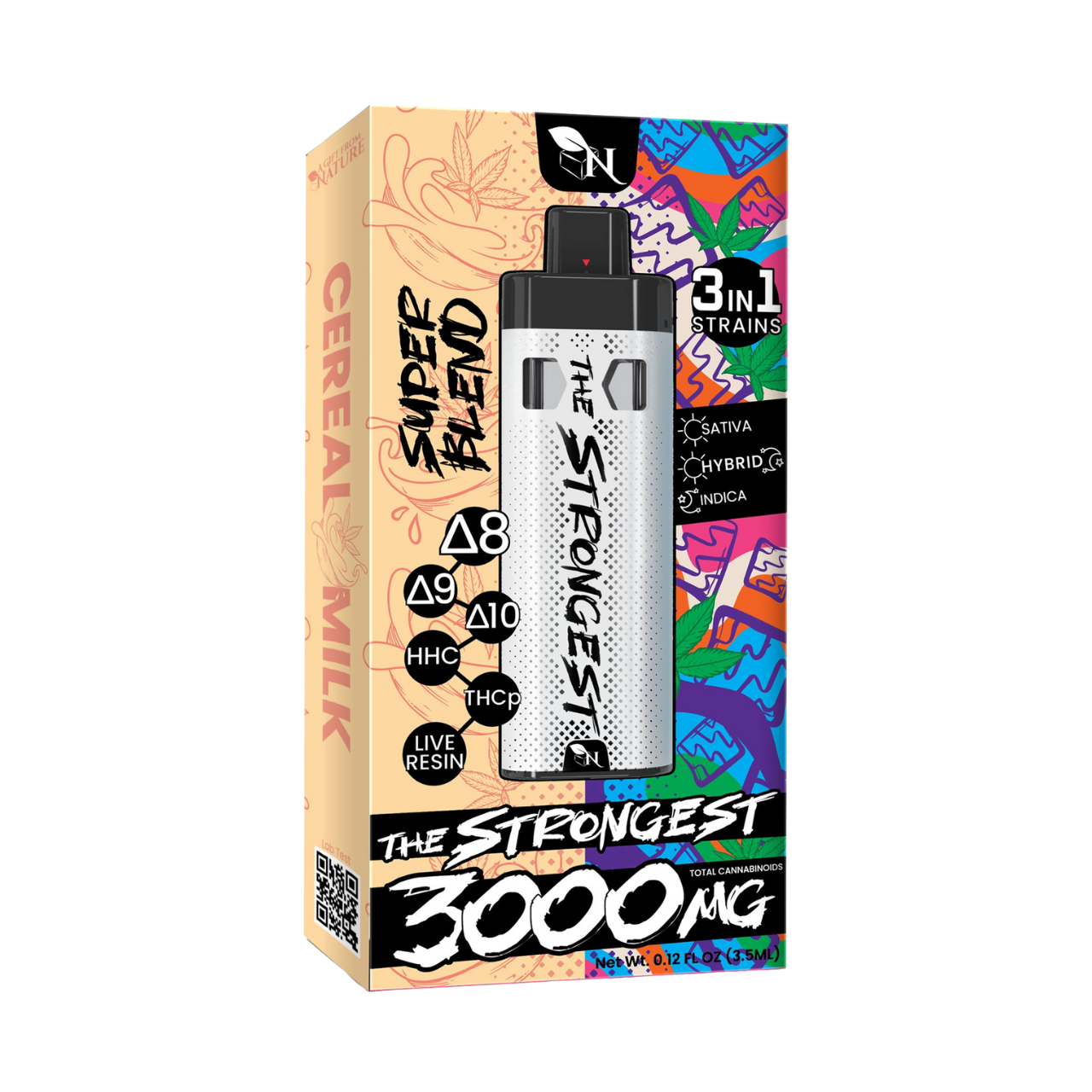 The Strongest 3000 MG" vape in Cereal Toasted Cinnamon flavor by A Gift From Nature. Features Δ8, Δ9, Δ10, HHC, THCp, live resin, and 3 strain types