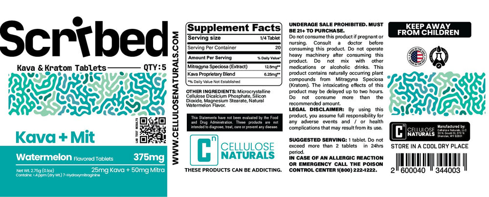 Label of Scribled Kava + Mit supplement with branding and product details.