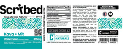 Label of Scribled Kava + Mit supplement with branding and product details.