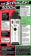 The Strongest 3000 MG" vape in Cereal Apple Jax flavor by A Gift From Nature. Features Δ8, Δ9, Δ10, HHC, THCp, live resin, and 3 strain types package backside