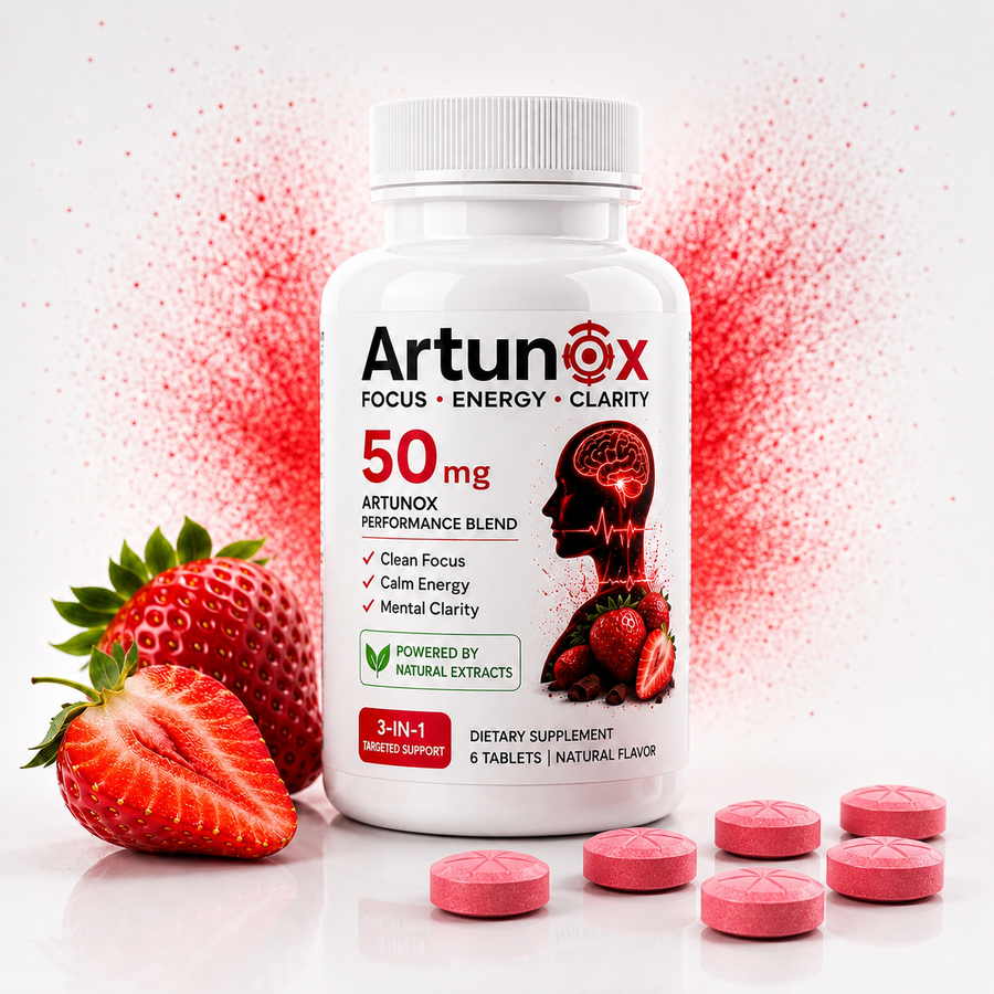 Two Artunox botanical tablets beside the 3-in-1 Focus Energy and Clarity bottle
