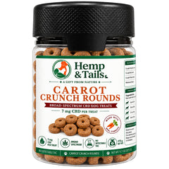 Hemp & Tails Carrot Crunch Rounds CBD dog treats in a clear 275g jar with a black lid.