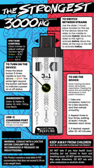 The Strongest 3000 MG" vape by A Gift From Nature in Cereal Milk flavor. Features Δ8, Δ9, Δ10, HHC, THCp, live resin, and 3 strain types package backside