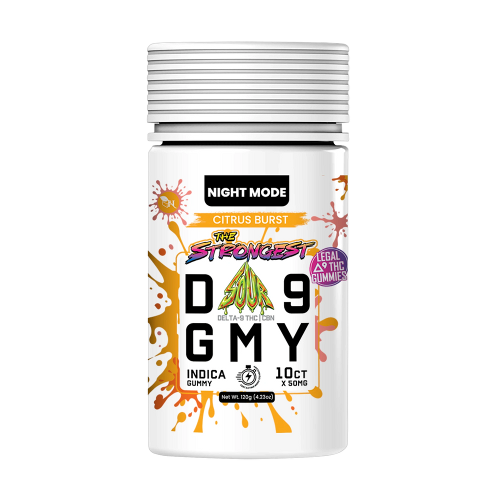 Citrus Burst Delta 9 Sour Gummies jar, 10 count, 30 mg Delta-9 THC + 20 mg CBN per gummy, Indica Night Mode – A Gift From Nature