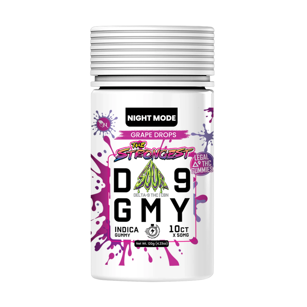 Grape Drops Delta 9 Sour Gummies jar, 10 count, 30 mg Delta-9 THC + 20 mg CBN per gummy, Indica Night Mode – A Gift From Nature