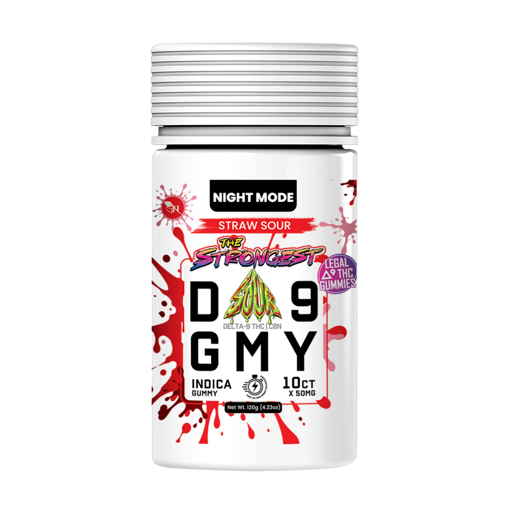 Straw Sour Delta 9 Sour Gummies jar, 10 count, 30 mg Delta-9 THC + 20 mg CBN per gummy, Indica Night Mode – A Gift From Nature