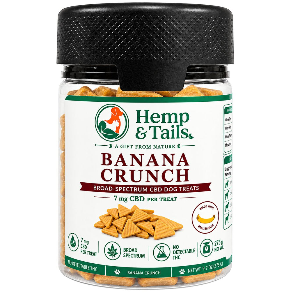 Hemp & Tails Banana Crunch CBD dog treats in a clear 275g jar with a black lid.
