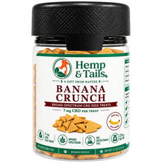 Hemp & Tails Banana Crunch CBD dog treats in a clear 275g jar with a black lid.