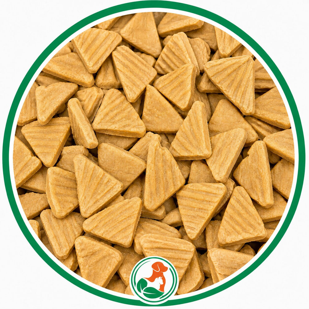 Golden triangular Banana Crunch dog treats with ridged surfaces in a green-bordered circular close-up.