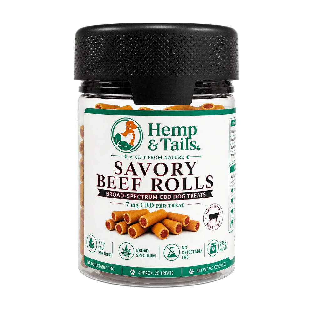 A bottle of Hemp & Tails Savory Beef Rolls dog treats on a plain white background. The product is in a clear plastic jar with a black ribbed cap and a white label featuring green and brown text and graphics.
