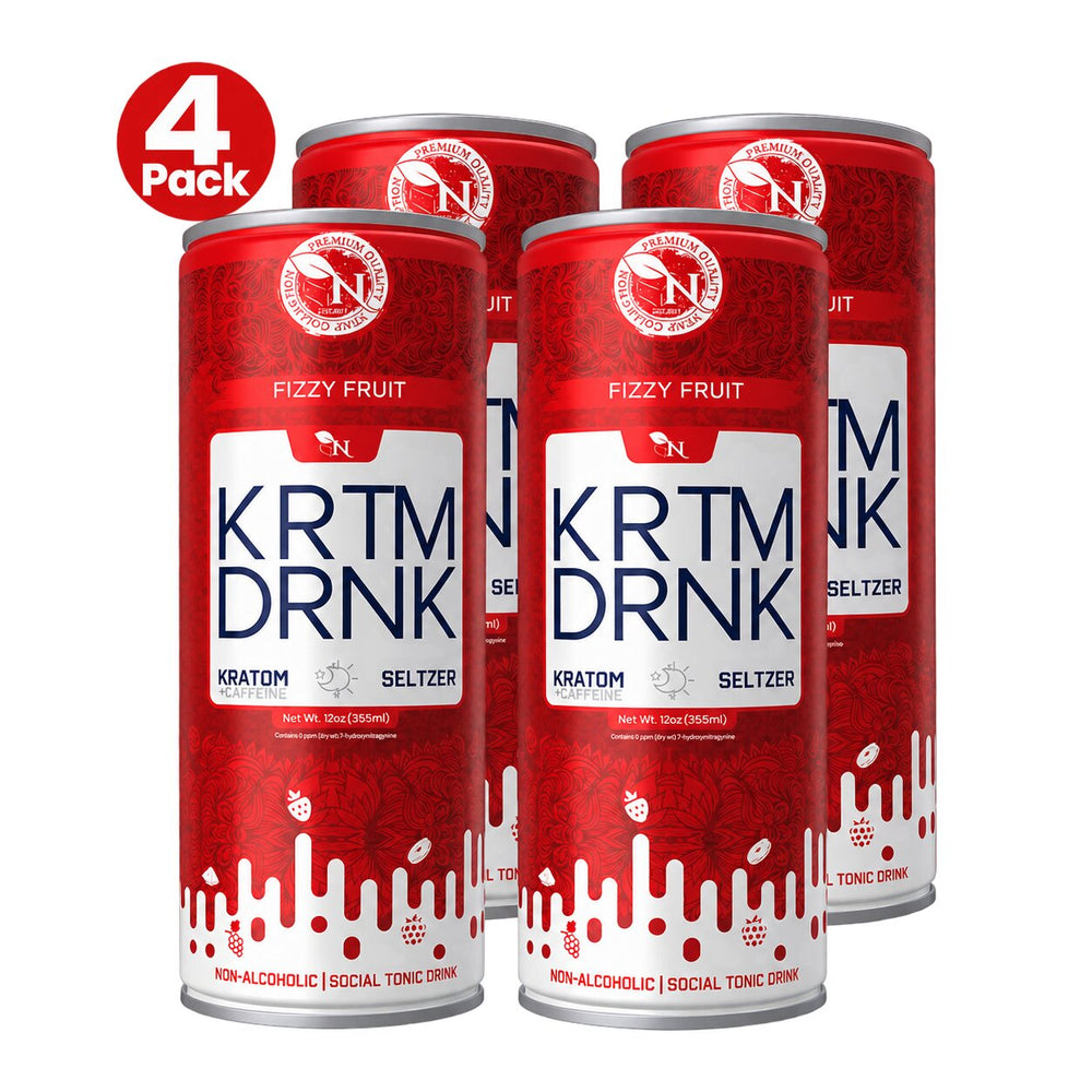 4-pack product image of KRTM DRNK Fizzy Fruit featuring four red cans on a transparent background with a red “4 Pack” badge in the top left.