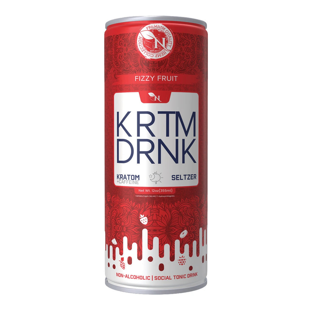 Red KRTM DRNK Fizzy Fruit kratom seltzer can on a white background