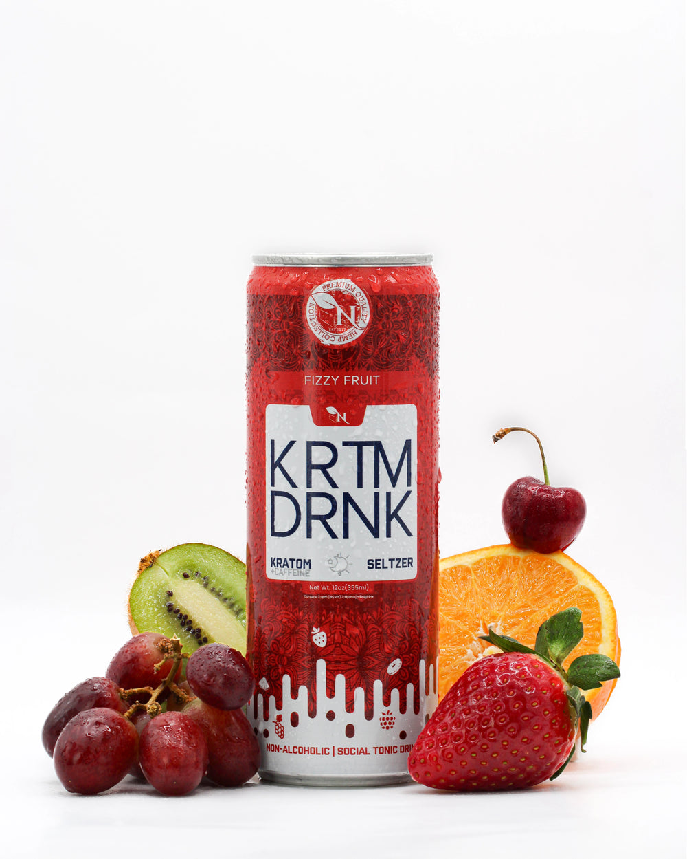 KRTM DRNK Fizzy Fruit can with strawberries, grapes, kiwi, an orange slice, and a cherry.