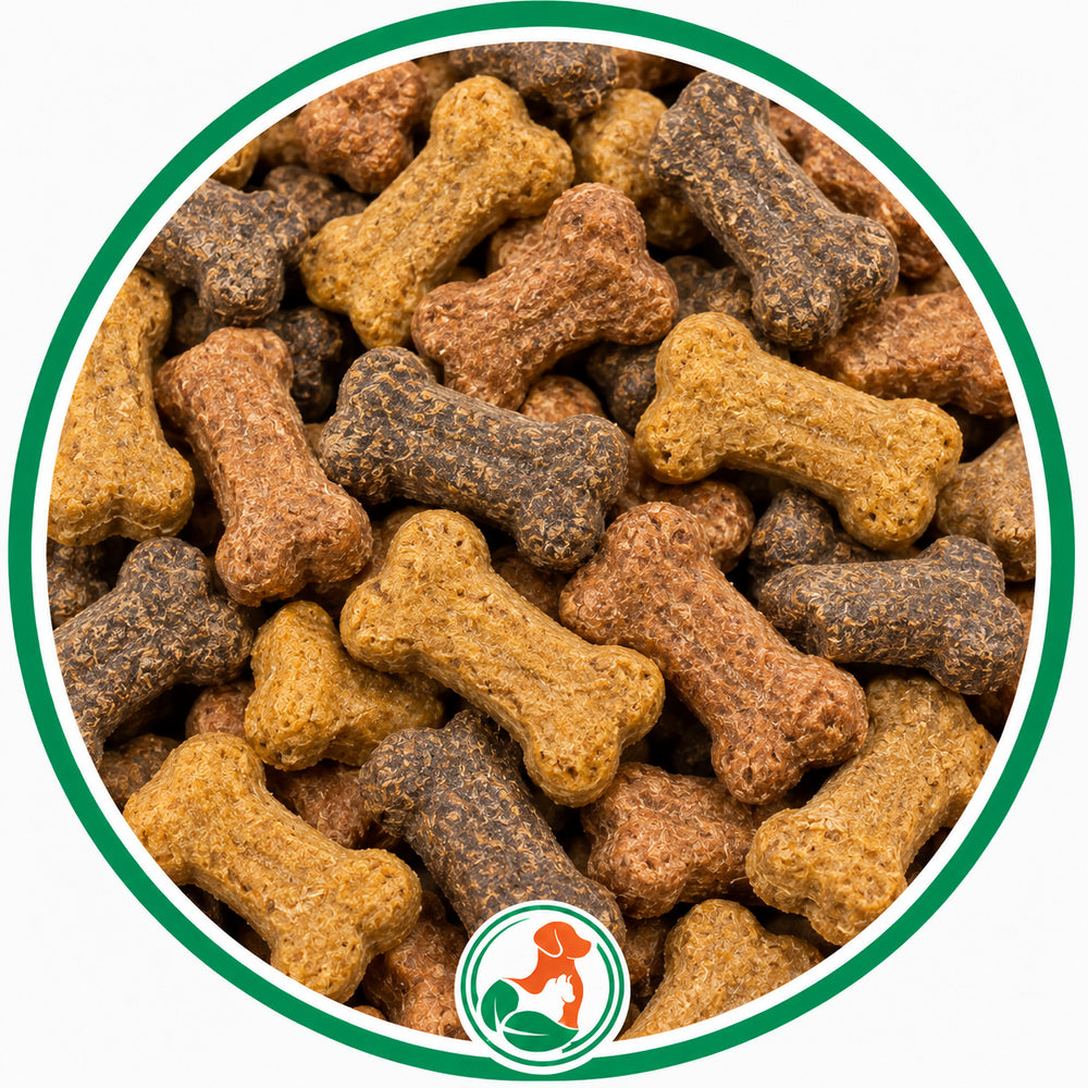 Hemp & Tails Triple Meat Bones CBD dog treats in a clear 275g jar with a black lid.