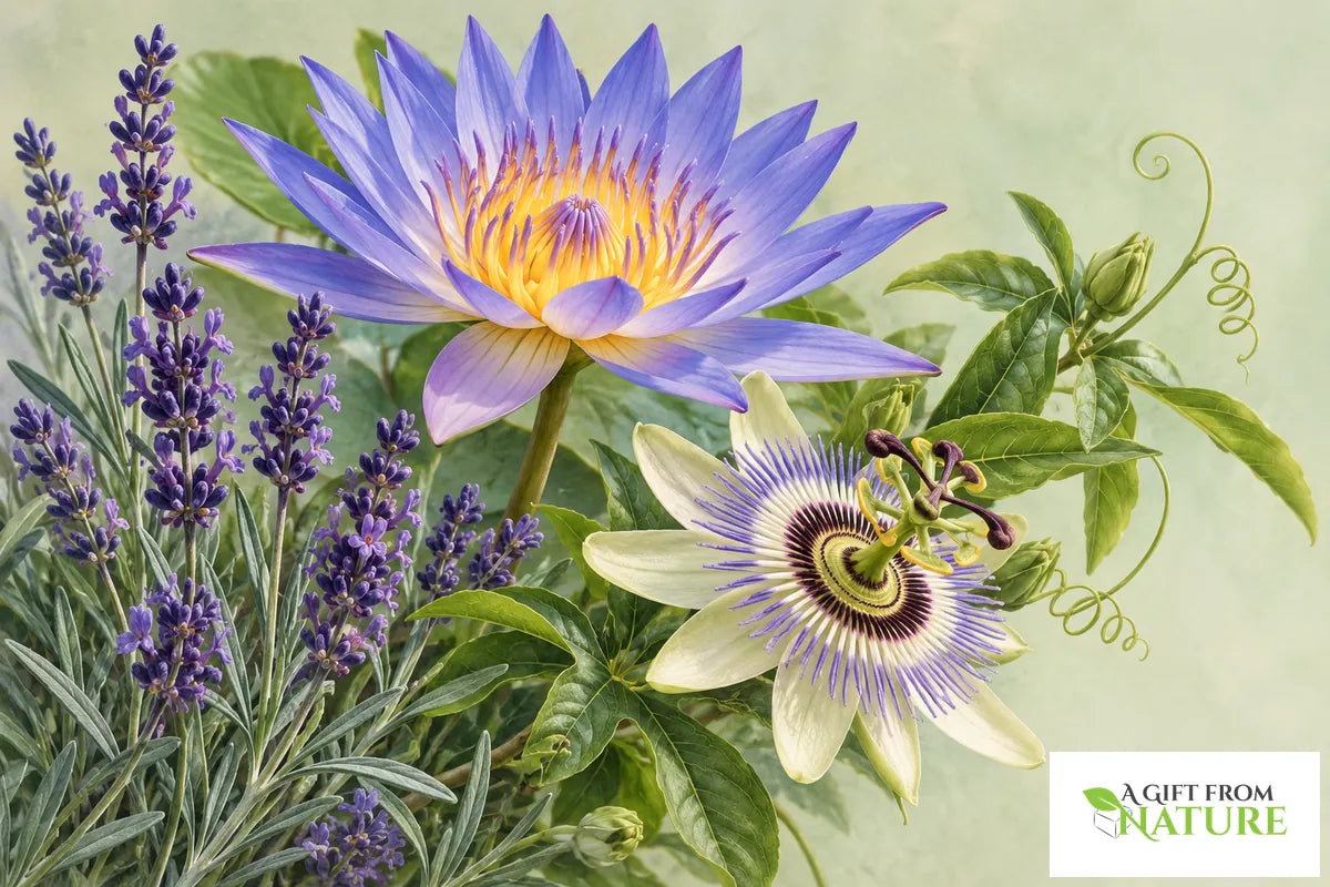 Blue-violet water lily with a golden center, lavender spikes and a white-and-purple passionflower.